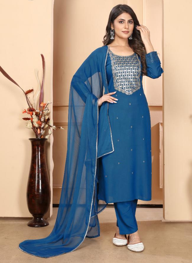 Premium Rayon Sky Blue Festival Wear Sequins Work Readymade Kurti Set